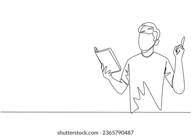 Un dibujante de una línea parado leyendo un libro. Gesture tiene la idea. Los libros pueden verse desde diferentes puntos de vista. Brillante idea de leer un libro. Ilustración vectorial de diseño de líneas simples