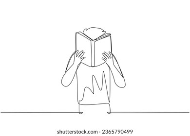 Continuous one line drawing man seriously reading a book until cover the face. Nervous when facing the final exams. Try to focus. Reading increases insight. Single line draw design vector illustration