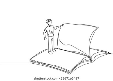 Continuous one line drawing man standing over open ledger turning the pages. Read slowly to understand the contents of each page. Reading increases insight. Single line draw design vector illustration