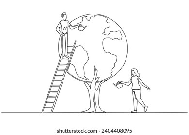 Continuous one line drawing a man climbs a ladder watering a tree whose leaves form a globe. Working together to make the earth keep green. No pollution. Single line draw design vector illustration