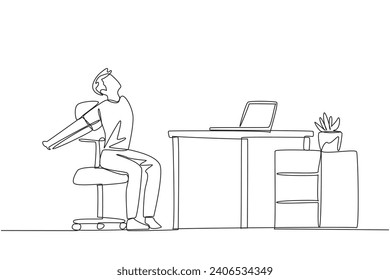 Continuous one line drawing man sitting in work chair stretching arms behind back. Eliminates little nervousness before online presentation. Overtime. Single line draw design vector illustration