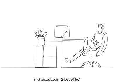 Continuous one line drawing man sits in work chair with one of legs raised and folded. Work overtime on weekends. Pay attention to stagnant projects. Relax. Single line draw design vector illustration