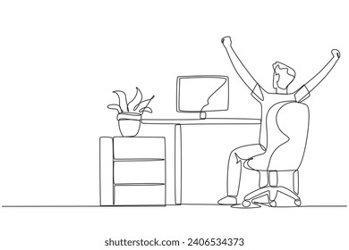 Continuous one line drawing the man sit on chair opening and raising his hands. Seen from behind. Monitoring the work progress. Stretch while overtime. Single line draw design vector illustration