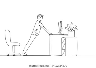 Continuous one line drawing man do push up movements by holding edge of work table. Stretch to get sweat on. Eyes focused on LCD monitor screen. Thinking. Single line draw design vector illustration