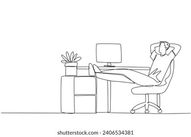 Continuous one line drawing man sits in work chair with his hands behind head and his legs raised on work desk. Work overtime on weekends. Short break. Single line draw design vector illustration