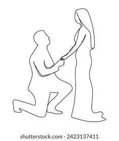 Continuous one line drawing man kneeling holding engagement ring proposing woman marry him happy marriage wedding concept. Guy on knees proposing girl to marry. Single line draw design vector graphic