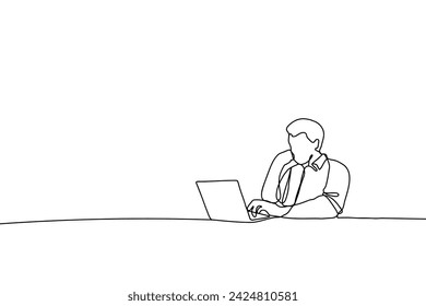 Continuous one line drawing man sitting at desk with laptop. Single line draw design vector graphic illustration.