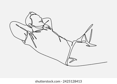 Continuous one line drawing of man relaxing, lying down. Editable stroke. Vector illustration in white background.