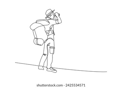 Hombre de dibujo continuo de una línea Utilice binoculares para ver la ruta de escalada, binoculares y el mapa de ruta de lectura de equipo de senderismo. Buscando dirección, ubicación de trekking. Ilustración vectorial de diseño de línea simple