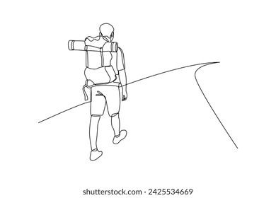 Mapa de ruta de lectura de equipo de senderismo, binocular y hombre de dibujo continuo de una línea caminando solo en el bosque. Buscando dirección, ubicación de trekking. Ilustración vectorial de diseño de línea simple