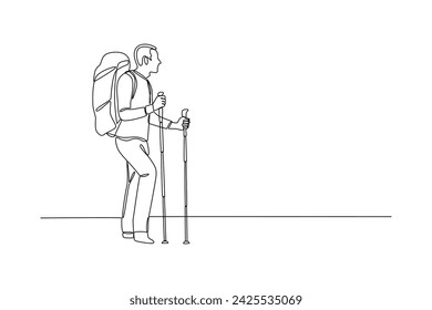 Continuous one line drawing man do his hobby to climb the mountain, binocular, and hiking gear reading route map. Looking for direction, trekking location. Single line draw design vector illustration