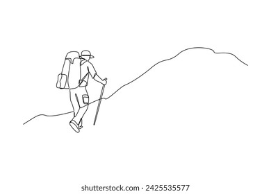 Continuous one line drawing a man climbs a mountain carrying a carrying bag, binocular, and hiking gear reading route map. Looking for direction, trekking location. Single line draw design vector illu