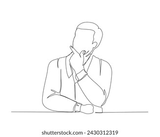 Continuous one line drawing of a man thinking with put her finger in the chin. Bunisness man thinking single outline vector illustration. Editable stroke.