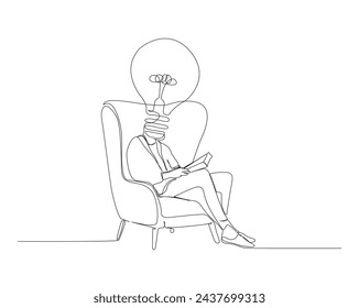 Continuous one line drawing of man with bulb head reading book on the armchair. Bulb head reading book in single outline vector illustration. Editable stroke.