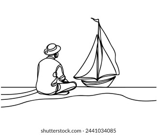 Continuous one line drawing man looking at ship.