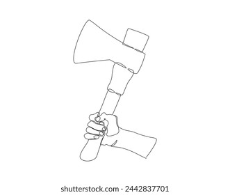 Continuous one line drawing of man holding hand axe. Carpenter tools concept. Axe line art vector illustration. Editable outline.