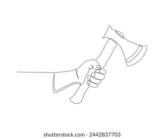 Continuous one line drawing of man holding hand axe. Carpenter tools concept. Axe line art vector illustration. Editable outline.