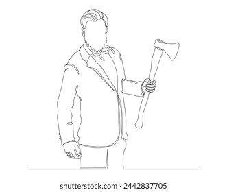 Continuous one line drawing of man holding hand axe. Carpenter tools concept. Axe line art vector illustration. Editable outline.