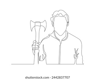 Continuous one line drawing of man holding hand axe. Carpenter tools concept. Axe line art vector illustration. Editable outline.