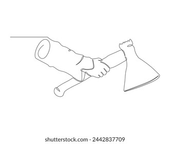 Continuous one line drawing of man holding hand axe. Carpenter tools concept. Axe line art vector illustration. Editable outline.