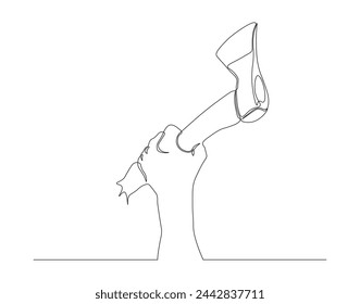 Continuous one line drawing of man holding hand axe. Carpenter tools concept. Axe line art vector illustration. Editable outline.