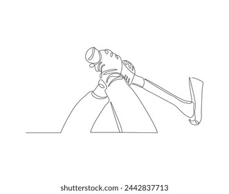 Continuous one line drawing of man holding hand axe. Carpenter tools concept. Axe line art vector illustration. Editable outline.