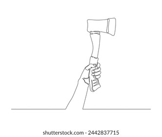 Continuous one line drawing of man holding hand axe. Carpenter tools concept. Axe line art vector illustration. Editable outline.