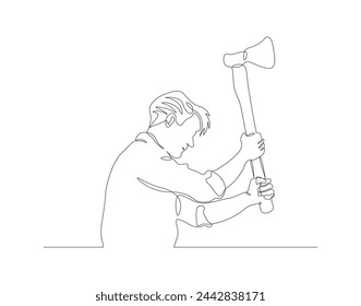 Continuous one line drawing of man holding hand axe. Carpenter tools concept. Axe line art vector illustration. Editable outline.