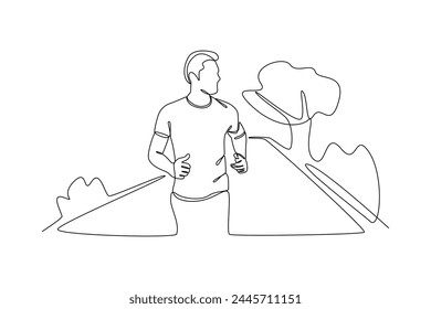 Continuous one line drawing of man jogging in the park. Natural ecology park logo hand drawn minimalist concept. Modern single line draw design vector graphic illustration