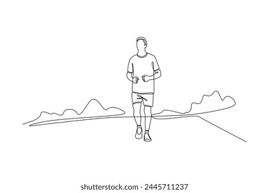 Continuous one line drawing of man jogging in city park. Natural ecology park logo hand drawn minimalist concept. Modern single line draw design vector graphic illustration