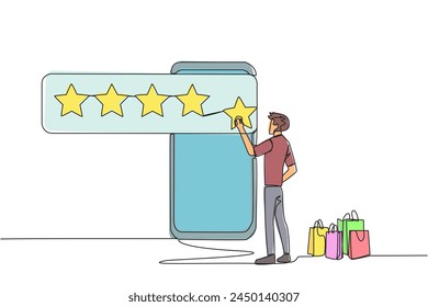 Continuous one line drawing man standing facing giant smartphone and trying to stick one star, that it becomes 5 stars. Reviews given to online stores. Single line draw design vector illustration