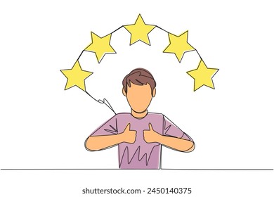 Continuous one line drawing man giving two thumbs up, above head there are 5 stars forming semicircle. Exciting online shopping experience. Review 5 stars. Single line draw design vector illustration