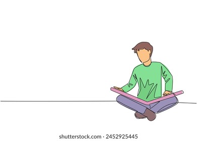 Continuous one line drawing man sit down and put reading book on feet. Interesting to read the complete geographic map. Eliminate curiosity. Book festival. Single line draw design vector illustration