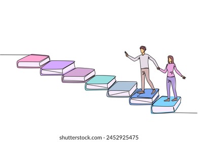 Continuous one line drawing man woman climb stairs from books. Reading increases knowledge which can increase the dignity of better life. Book festival concept. Single line design vector illustration