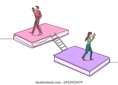 Continuous one line drawing man woman walking on books. Book exhibition concept. Display many books, from scientific books to fiction story books. Book festival. Single line design vector illustration