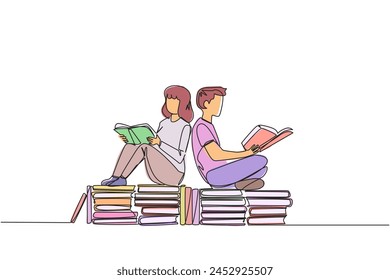 Continuous one line drawing man woman sitting relax reading book on pile of books. Relax while reading fiction books. Enjoy the storyline. Book festival concept. Single line design vector illustration