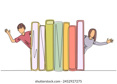 Continuous one line drawing man woman appears from behind a row of books. Invitation to read books at the library. Like to reading a book. Book festival concept. Single line draw vector illustration