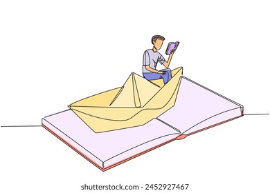 Una línea continua dibujando a un hombre leyendo un libro en un barco de papel. Mantener los buenos hábitos. La metáfora de la lectura puede hacer Explore a los océanos. Concepto de festival del libro. Ilustración vectorial de diseño de dibujo de una sola línea