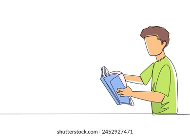 Continuous one line drawing man are very focused on reading a book. Reading fiction story books during holidays. Book festival concept. Very good habit. Single line draw design vector illustration