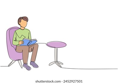 Continuous one line drawing man sitting reading on sofa. Reading focus in the living room. Fun hobby. Relieve fatigue from daily activities. Book festival concept. Single line draw vector illustration