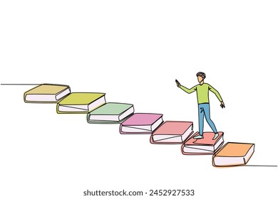 Continuous one line drawing man climb stairs from books. Reading increases knowledge which can increase the dignity of a better life. Book festival concept. Single line draw design vector illustration