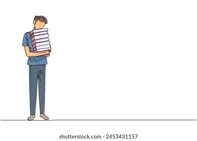 Continuous one line drawing man standing hugging some books. Favorite book that finish reading. Some books will be donated to national library. Charity. Knowledge. Single line draw vector illustration