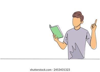 Continuous one line drawing man standing reading book. Gesture gets the idea. Books can see from different points of view. Brilliant idea from reading book. Single line draw design vector illustration