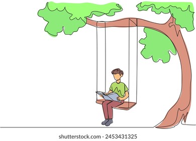 Continuous one line drawing man sitting on a swing under a shady tree reading a book. High enthusiasm for reading. Read anywhere. Reading increases insight. Single line draw design vector illustration