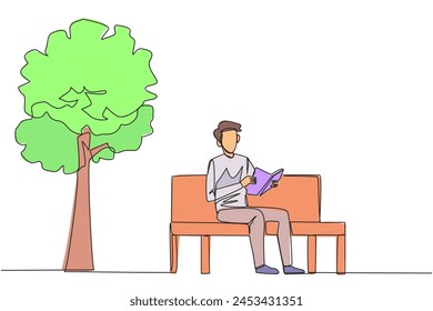 Continuous one line drawing man sitting on park bench reading book. Learn by re-reading textbook. Read to get maximum marks. Reading increase insight. Single line draw design vector illustration
