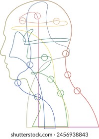 Continuous one line drawing of a man profile head with dots. Mental health or business concept. Linear vector illustration.