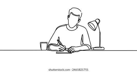 Kontinuierliche Eine-Linie-Zeichnung des Mannes, der am Tisch arbeitet. Man in Office One Line Illustration. Geschäftsmann Abstrakt.