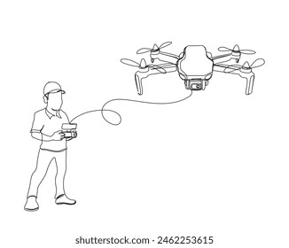 Continuous one line drawing of man operating drone remote control. Man flying drone aircraft single outline vector design. Editable stroke.