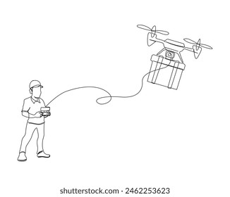 Continuous one line drawing of man operating delivery drone. Delivery cargo drone single outline vector design. Editable stroke.