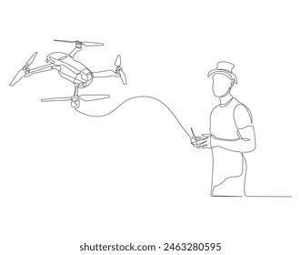 Continuous one line drawing of man with remote control and flying drone. One line drawing illustration of man flying drone aircraft. Controlling modern gadget flying concept continuous line. Editable 